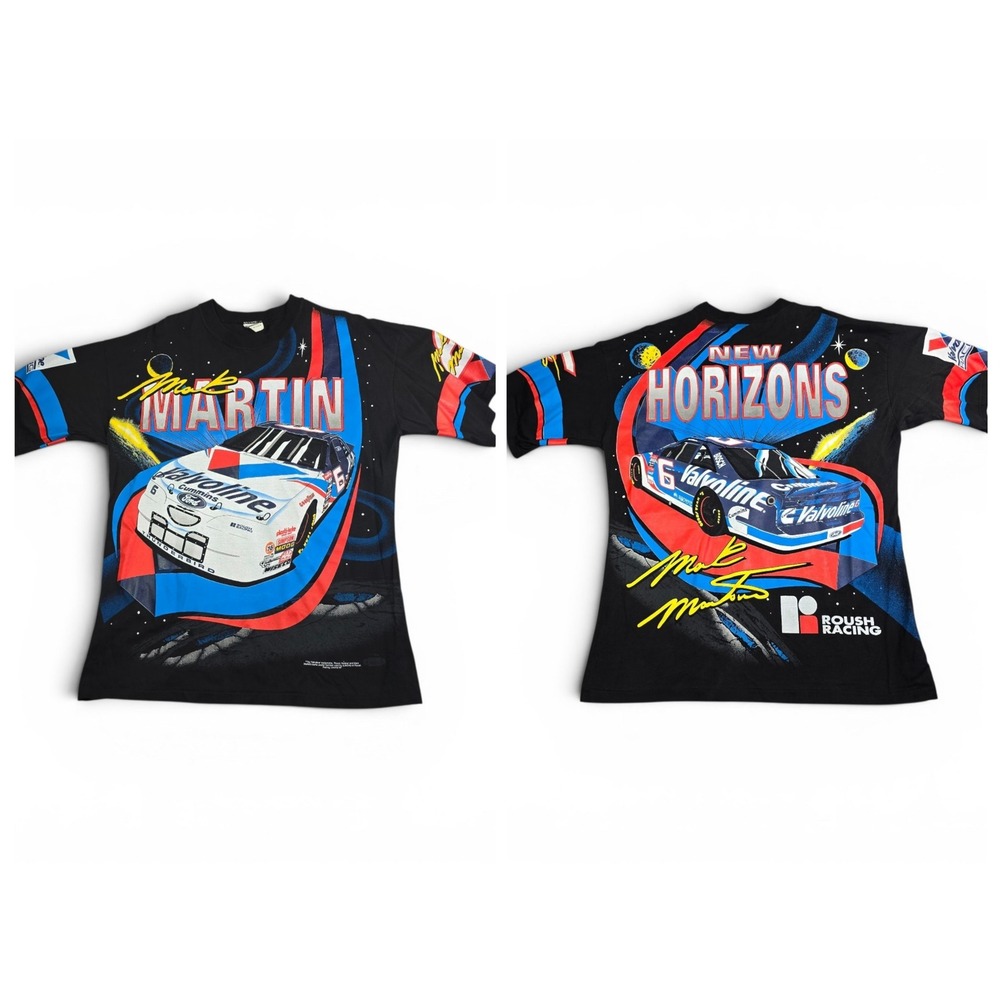 Vintage 1996 Mark Martin T-Shirt Mens L Black Valvoline NASCAR Racing AOP 90s